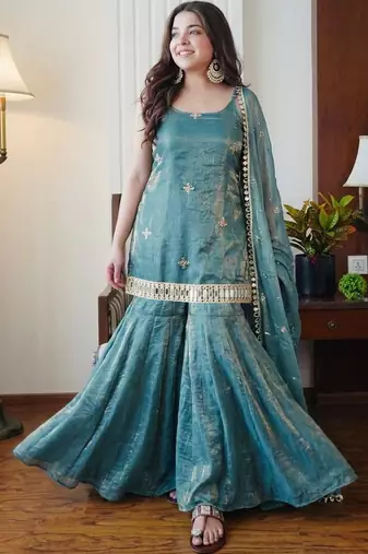 Women's teal silk blend embroidered kurta set with dupatta and sharara