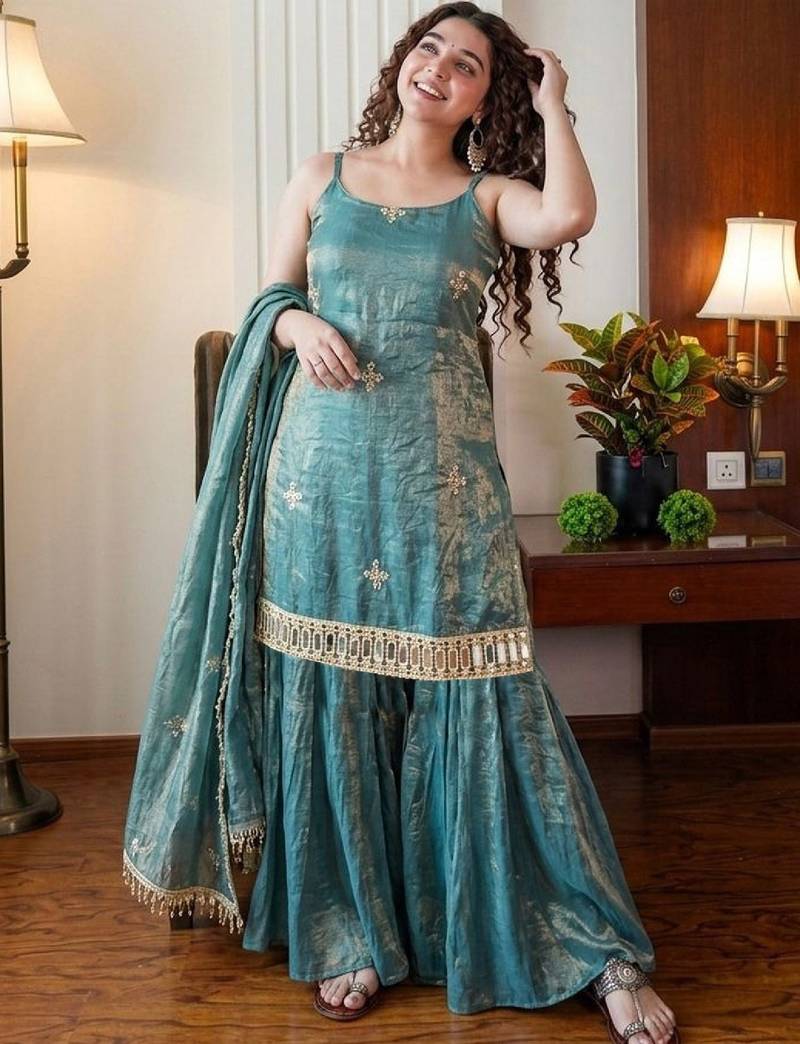 Women's teal silk blend embroidered kurta set with dupatta and sharara