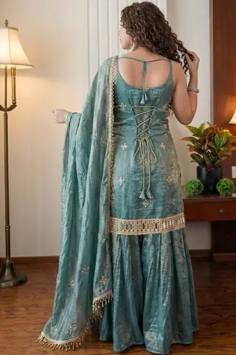 Women's teal silk blend embroidered kurta set with dupatta and sharara