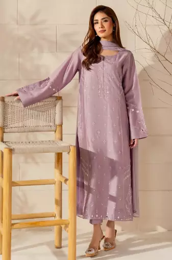 Women's lavender crepe embroidered kurta set with dupatta and pant