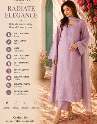 Women's lavender crepe embroidered kurta set with dupatta and pant 2
