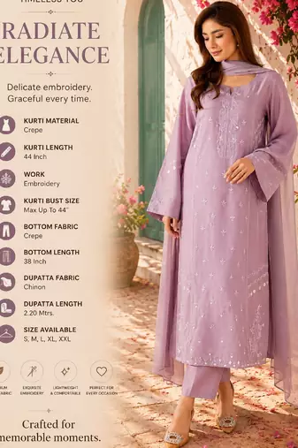Women's lavender crepe embroidered kurta set with dupatta and pant