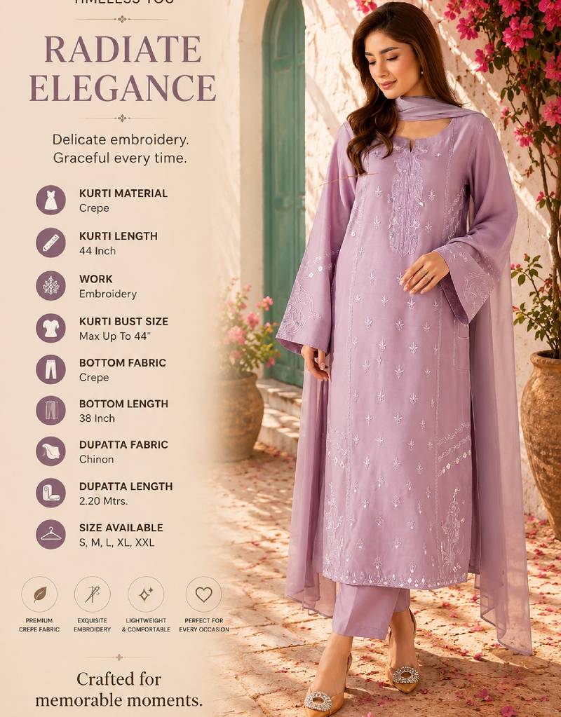 Women's lavender crepe embroidered kurta set with dupatta and pant
