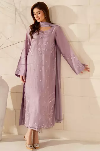 Women's lavender crepe embroidered kurta set with dupatta and pant