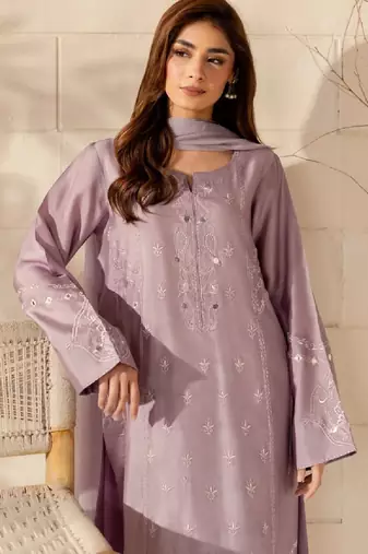 Women's lavender crepe embroidered kurta set with dupatta and pant