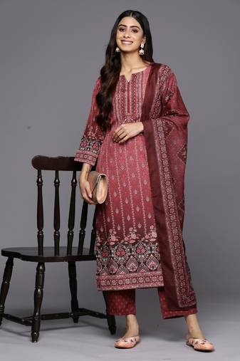 Women's maroon cotton printed kurta set with dupatta and pant