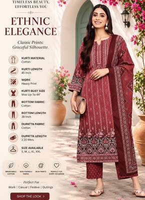 Women's maroon cotton printed kurta set with dupatta and pant 2