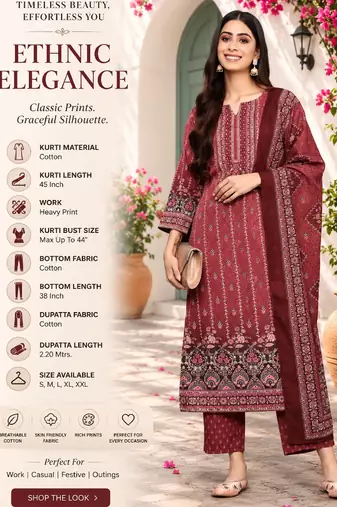 Women's maroon cotton printed kurta set with dupatta and pant