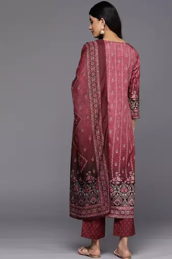 Women's maroon cotton printed kurta set with dupatta and pant