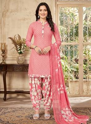 Pink printed cotton blend stitched geometric print salwar kurta dupatta for women 1