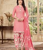 Pink printed cotton blend stitched geometric print salwar kurta dupatta for women