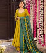 Women's mustard chanderi embroidery kurta set with dupatta and pant