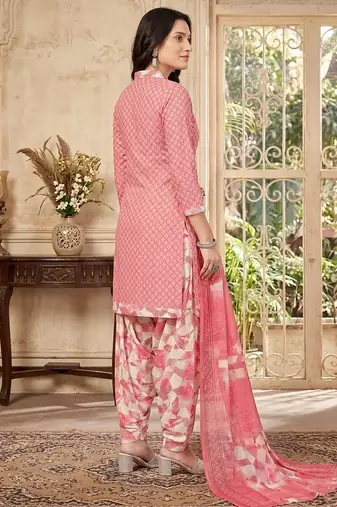 Pink printed cotton blend stitched geometric print salwar kurta dupatta for women