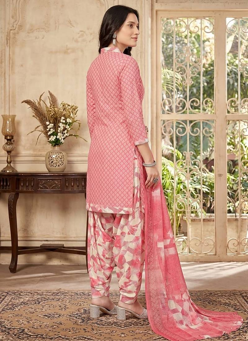 Pink printed cotton blend stitched geometric print salwar kurta dupatta for women