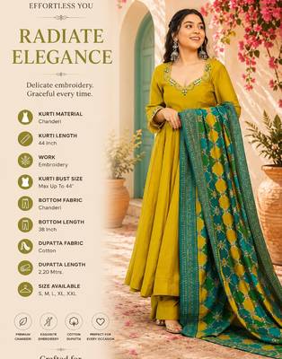 Women's mustard chanderi embroidery kurta set with dupatta and pant 2