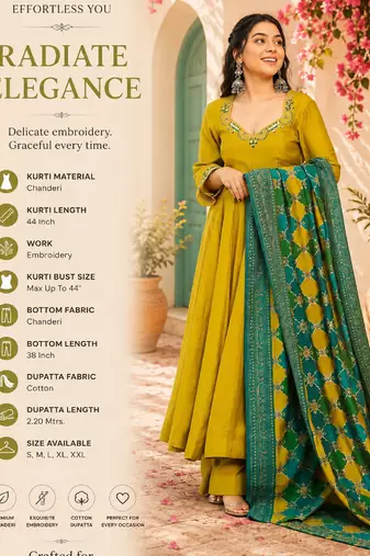 Women's mustard chanderi embroidery kurta set with dupatta and pant