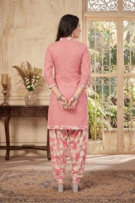 Pink printed cotton blend stitched geometric print salwar kurta dupatta for women 3
