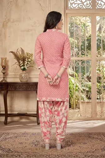 Pink printed cotton blend stitched geometric print salwar kurta dupatta for women