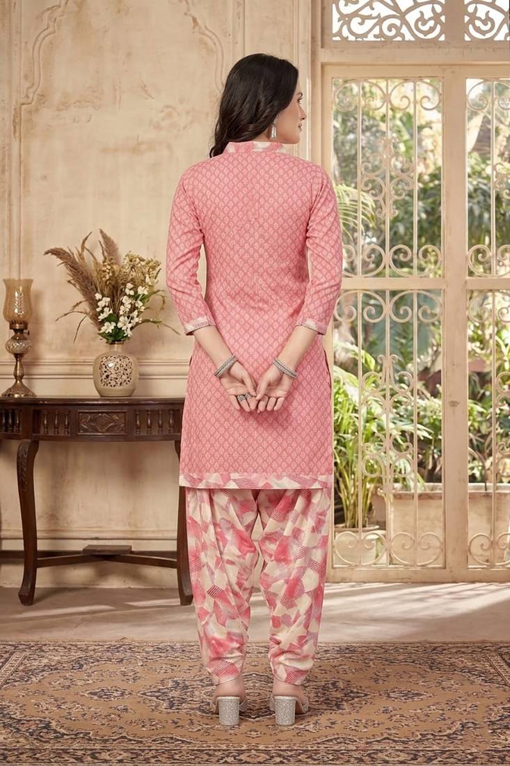 Pink printed cotton blend stitched geometric print salwar kurta dupatta for women