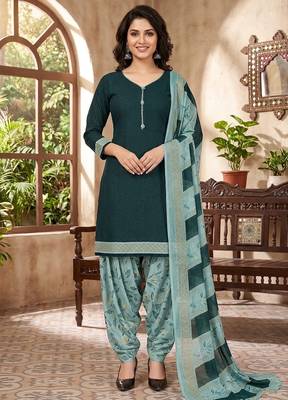 Green printed cotton blend stitched geometric print salwar kurta dupatta for women 1
