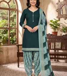 Green printed cotton blend stitched geometric print salwar kurta dupatta for women
