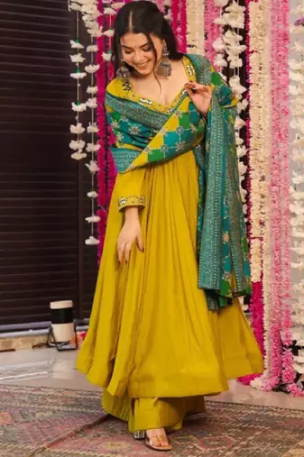 Women's mustard chanderi embroidery kurta set with dupatta and pant