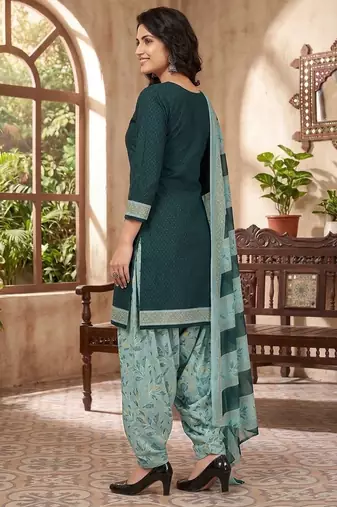 Green printed cotton blend stitched geometric print salwar kurta dupatta for women