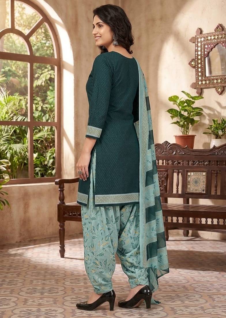 Green printed cotton blend stitched geometric print salwar kurta dupatta for women