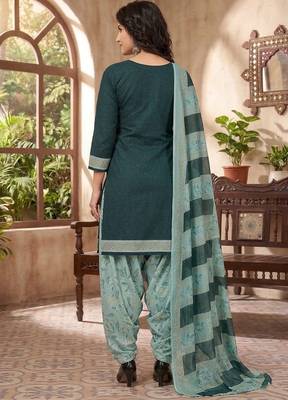 Green printed cotton blend stitched geometric print salwar kurta dupatta for women 3