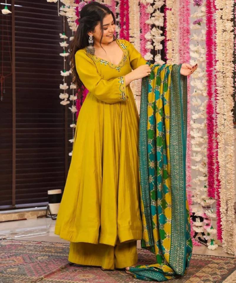 Women's mustard chanderi embroidery kurta set with dupatta and pant