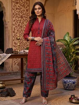 Red printed cotton blend stitched geometric print salwar kurta dupatta for women 1
