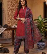 Red printed cotton blend stitched geometric print salwar kurta dupatta for women