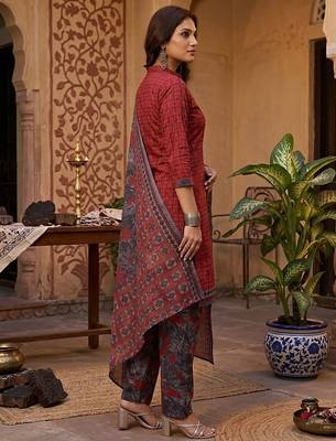 Red printed cotton blend stitched geometric print salwar kurta dupatta for women 2