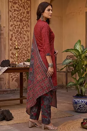 Red printed cotton blend stitched geometric print salwar kurta dupatta for women