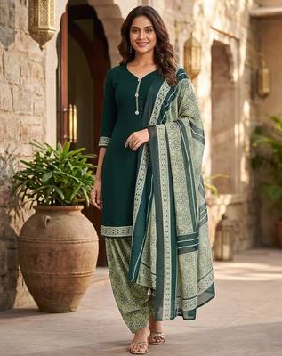 Green printed cotton blend stitched geometric print salwar kurta dupatta for women 1