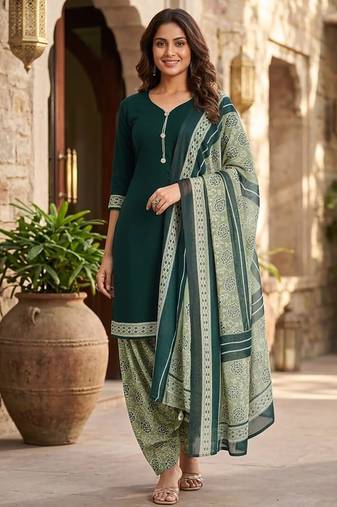 Green printed cotton blend stitched geometric print salwar kurta dupatta for women