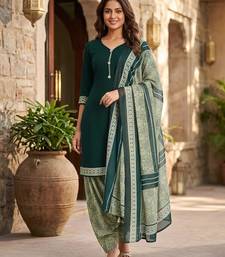 Green printed cotton blend stitched geometric print salwar kurta dupatta for women