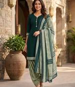 Green printed cotton blend stitched geometric print salwar kurta dupatta for women