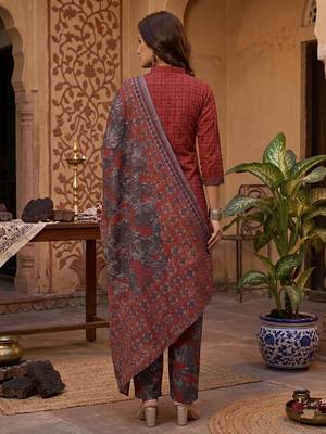 Red printed cotton blend stitched geometric print salwar kurta dupatta for women 3
