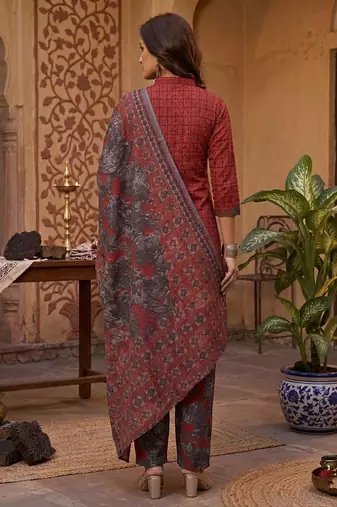 Red printed cotton blend stitched geometric print salwar kurta dupatta for women