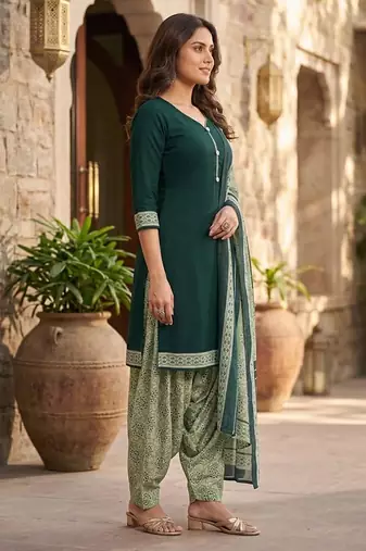 Green printed cotton blend stitched geometric print salwar kurta dupatta for women