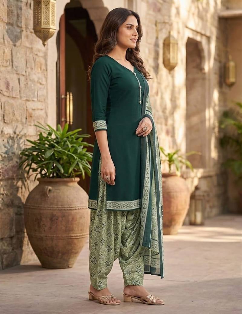 Green printed cotton blend stitched geometric print salwar kurta dupatta for women
