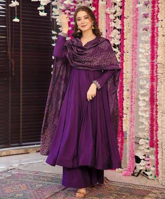 Women's purple chanderi embroidery kurta set with dupatta and pant 1