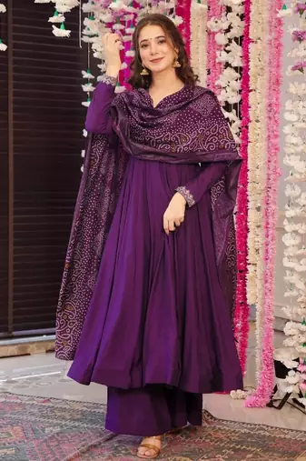 Women's purple chanderi embroidery kurta set with dupatta and pant