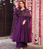 Women's purple chanderi embroidery kurta set with dupatta and pant