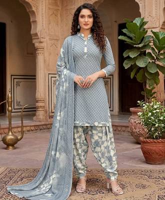 Grey printed cotton blend stitched geometric print salwar kurta dupatta for women 1