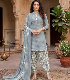 Grey printed cotton blend stitched geometric print salwar kurta dupatta for women