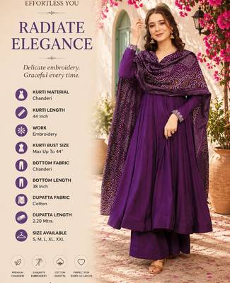 Women's purple chanderi embroidery kurta set with dupatta and pant 2