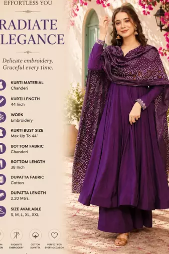 Women's purple chanderi embroidery kurta set with dupatta and pant