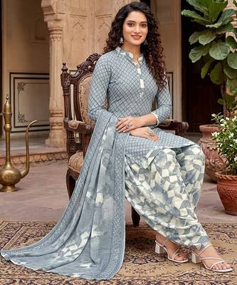 Grey printed cotton blend stitched geometric print salwar kurta dupatta for women 2